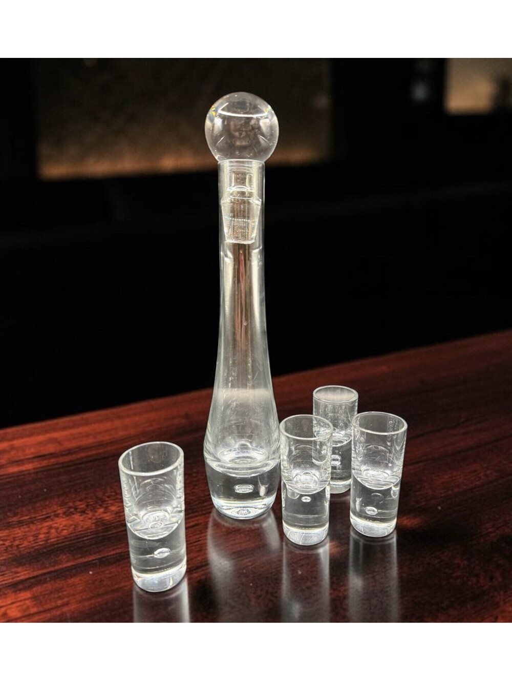 Vintage Art Glass Liqueur Decanter Set 4 Cordial Glasses Controlled Bubble